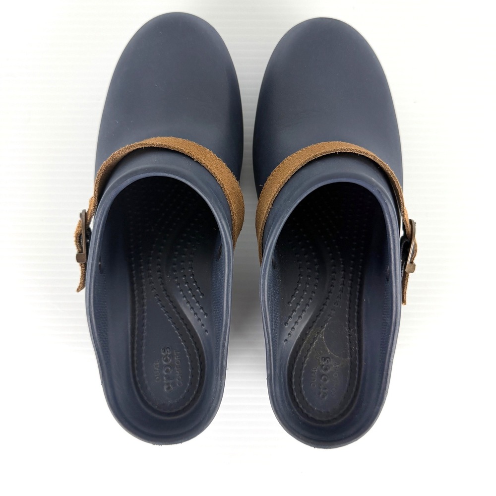 Crocs Leigh II Buckle Clog Wedge Navy Tan Suede Strap Platform Mules‎ Womens 8 - Picture 5 of 9